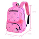 Pink polka dot backpack with measurements on a white background