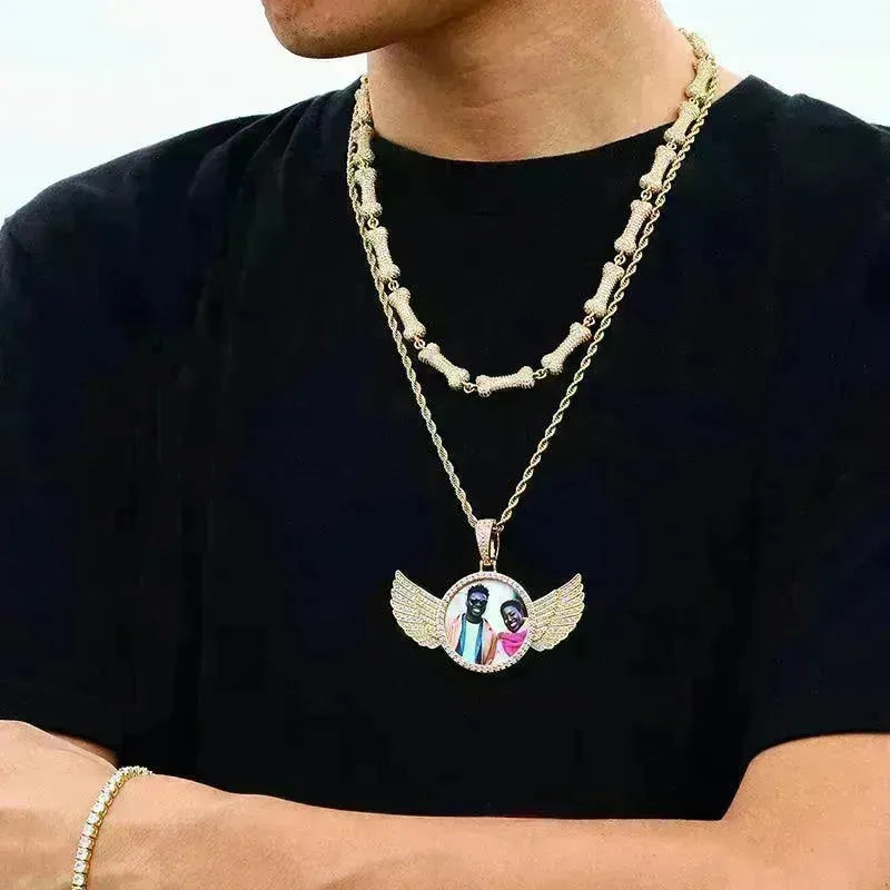 Angel Wings Medallions Custom Photo Pendant Necklace For Men Hip Hop Jewelry Iced Out Pendant Custom Engraved Name Memory Gift - EX-STOCK CANADA