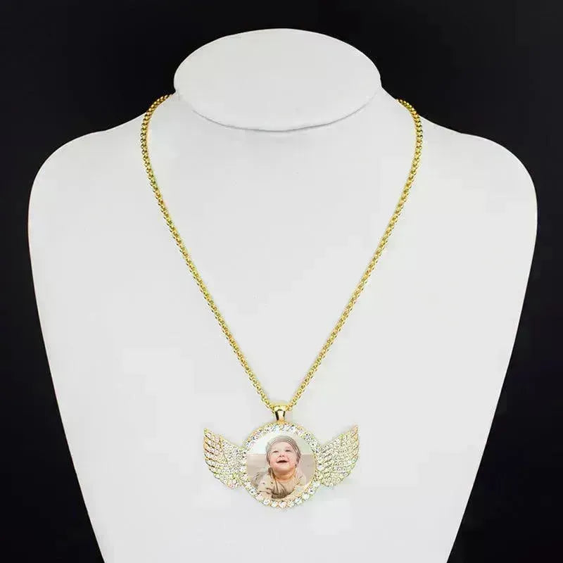Angel Wings Medallions Custom Photo Pendant Necklace For Men Hip Hop Jewelry Iced Out Pendant Custom Engraved Name Memory Gift - EX-STOCK CANADA