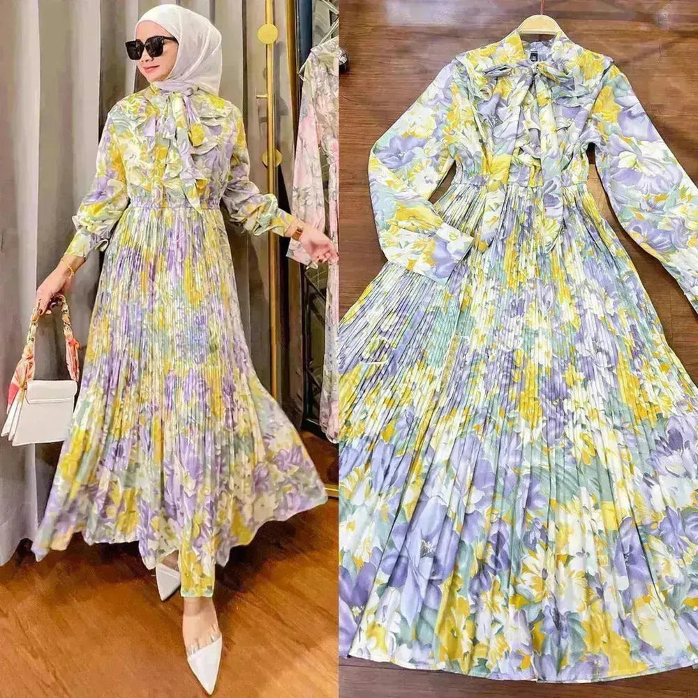 Arab Malay Indonesian Ruffled Printed Dress - EX-STOCK CANADA