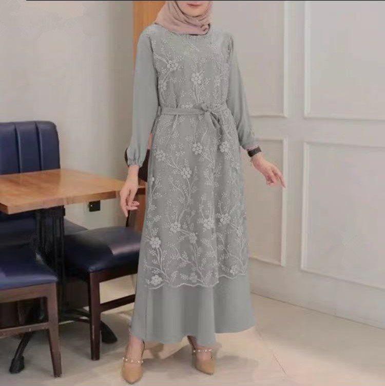 Arab Round Neck Lace Floral Dress - EX-STOCK CANADA