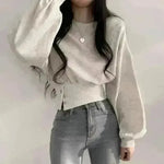 Autumn Crew Neck Button Long Sleeve Short Pullover Sweatshirt Top For Women - EX-STOCK CANADA