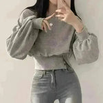 Autumn Crew Neck Button Long Sleeve Short Pullover Sweatshirt Top For Women - EX-STOCK CANADA