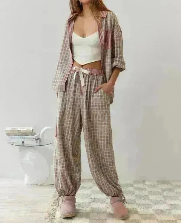 Autumn Women's Clothing Casual Homewear Plaid Shirt Outfit - EX-STOCK CANADA
