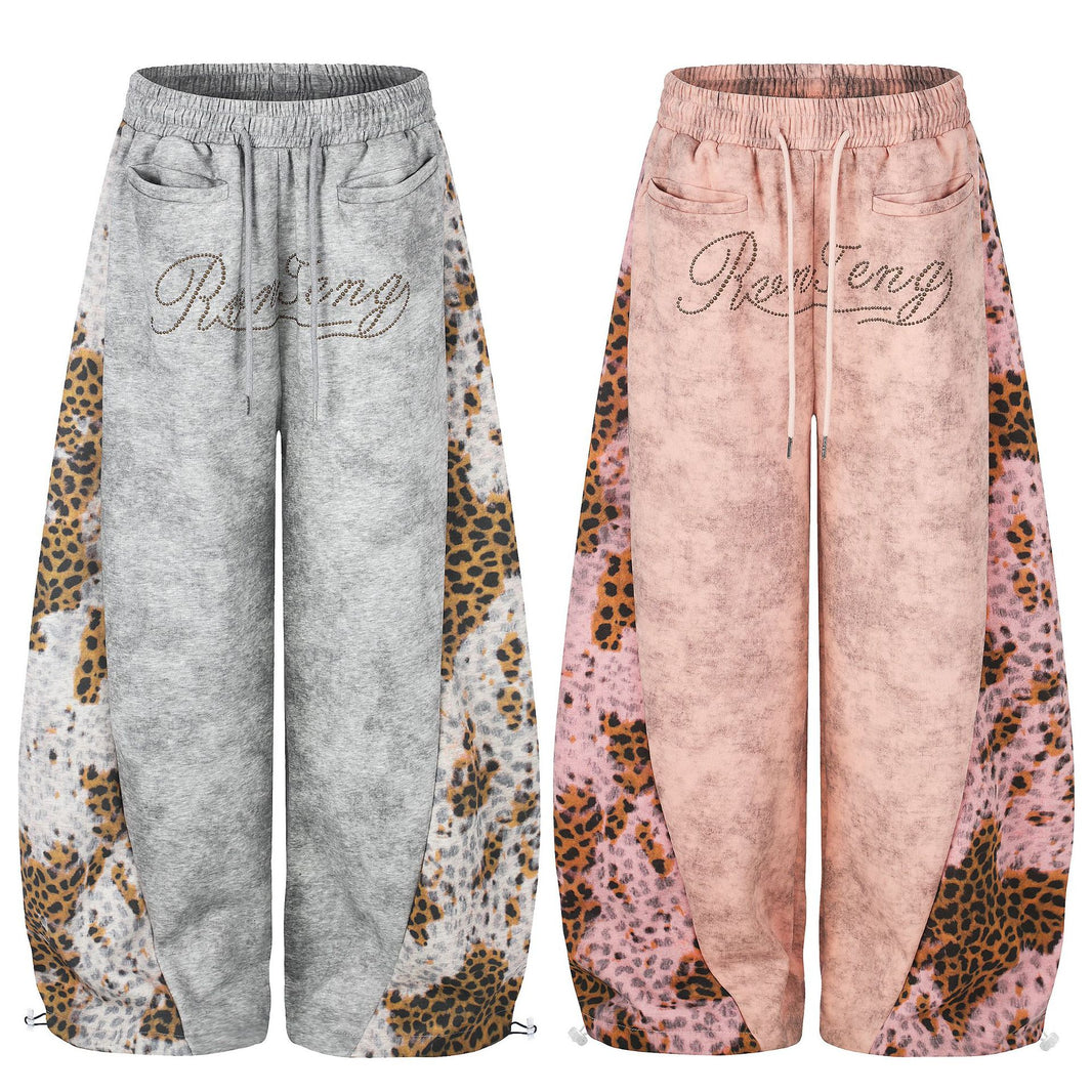 Women's Leopard-Print Patchwork Wide-Leg Sweatpants – Rhinestone Streetwear Joggers | S–XL