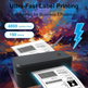 Una stampante con etichette desktop nere mostrava la stampa di un'etichetta di spedizione con codice a barre, con testo promozionale che recitava 'Ultra-Fast Label Printing' e dichiarazioni di prestazioni di 4800 etichette all'ora e 150 mm/s su uno sfondo azzurro chiaro.