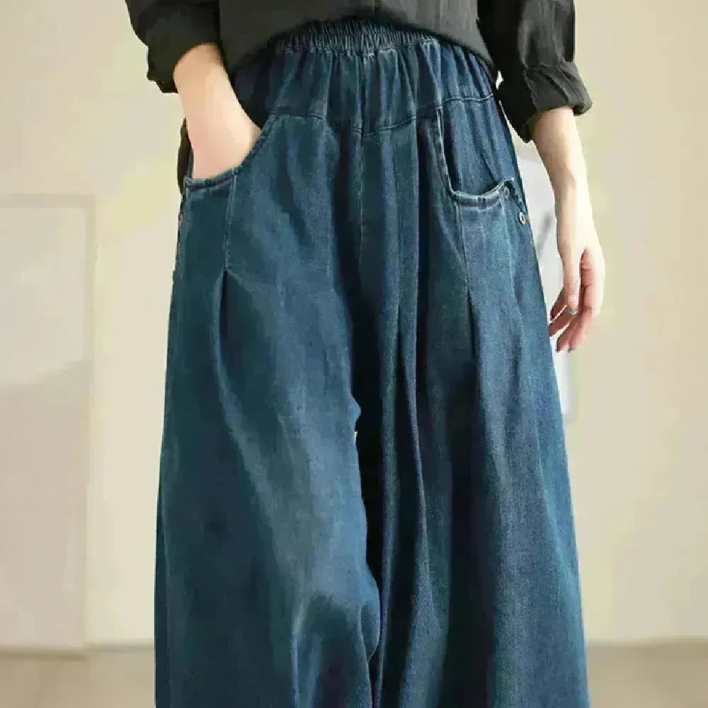 Wide-leg Baggy Jeans Pant Elastic Waist Washed Wear-white Loose Slimming And All-matching Trousers For Women - EX-STOCK CANADA