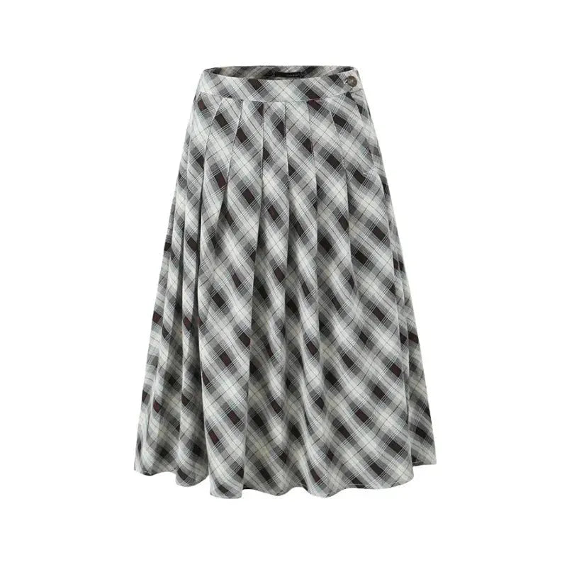 American Retro Low Waist Navel Plaid Pleated Long Skirt Women - EX-STOCK CANADA