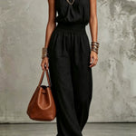 Black Women's Halter Neck Backless Wide-Leg Jumpsuit | Sleeveless Lace-Up Onesie