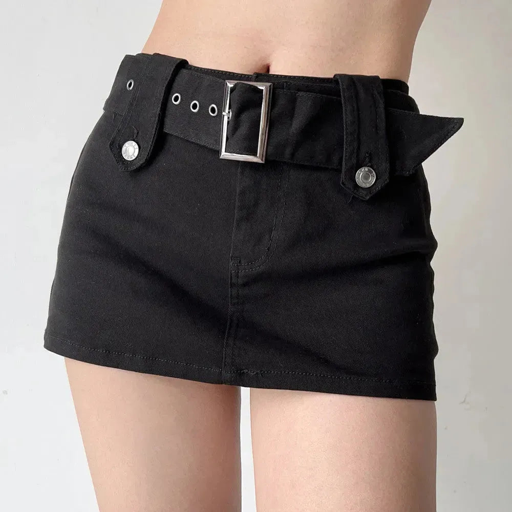 American Retro Wide Waistband Denim Mini Skirt with Belt - EX-STOCK CANADA