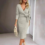 Autumn And Winter V-neck Long Sleeve Knitted sweater Wrap Dress - EX-STOCK CANADA