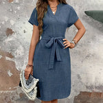 tie belt dress & Elegant V Neck Short Sleeve Casual Summer EX-STOCK