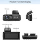 Product function display diagram showing multiple views of a black dash camera with labeled callouts including front camera, TF card slot, post-recording power supply, 3.16-inch IPS screen, and confirmation/lower/upper power keys.