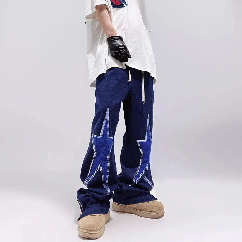Five-pointed Star Embroidery Denim Horn Loose Straight Casual All-match Mop Jeans Baggy Trousers Men - EX-STOCK CANADA