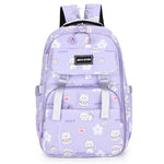 Purple backpack with cartoon designs on a white background