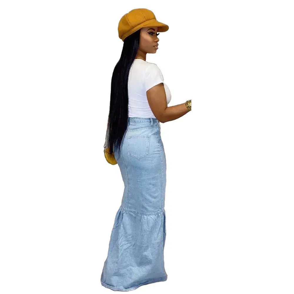 Women's Slim-fit Peplum Patchwork Long Denim Skirt fish tail style Jeans Skirt - EX-STOCK CANADA