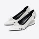 Pair of white pointed-toe shoes with black soles on a white background