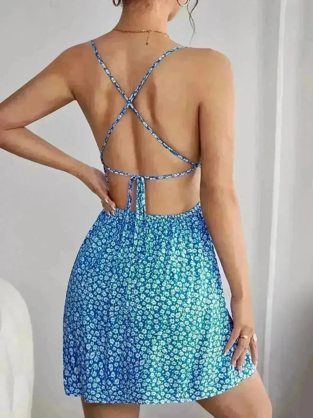 Women Fashion Printed Casual Spaghetti Strap Backless Mini Skater Dress - EX-STOCK CANADA