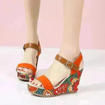 Fashion Flowers Embroidered High Wedge Sandals For Women Summer Toe Platform Buckle Shoes - EX-STOCK CANADA