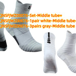 Gray and white socks with text on a white background