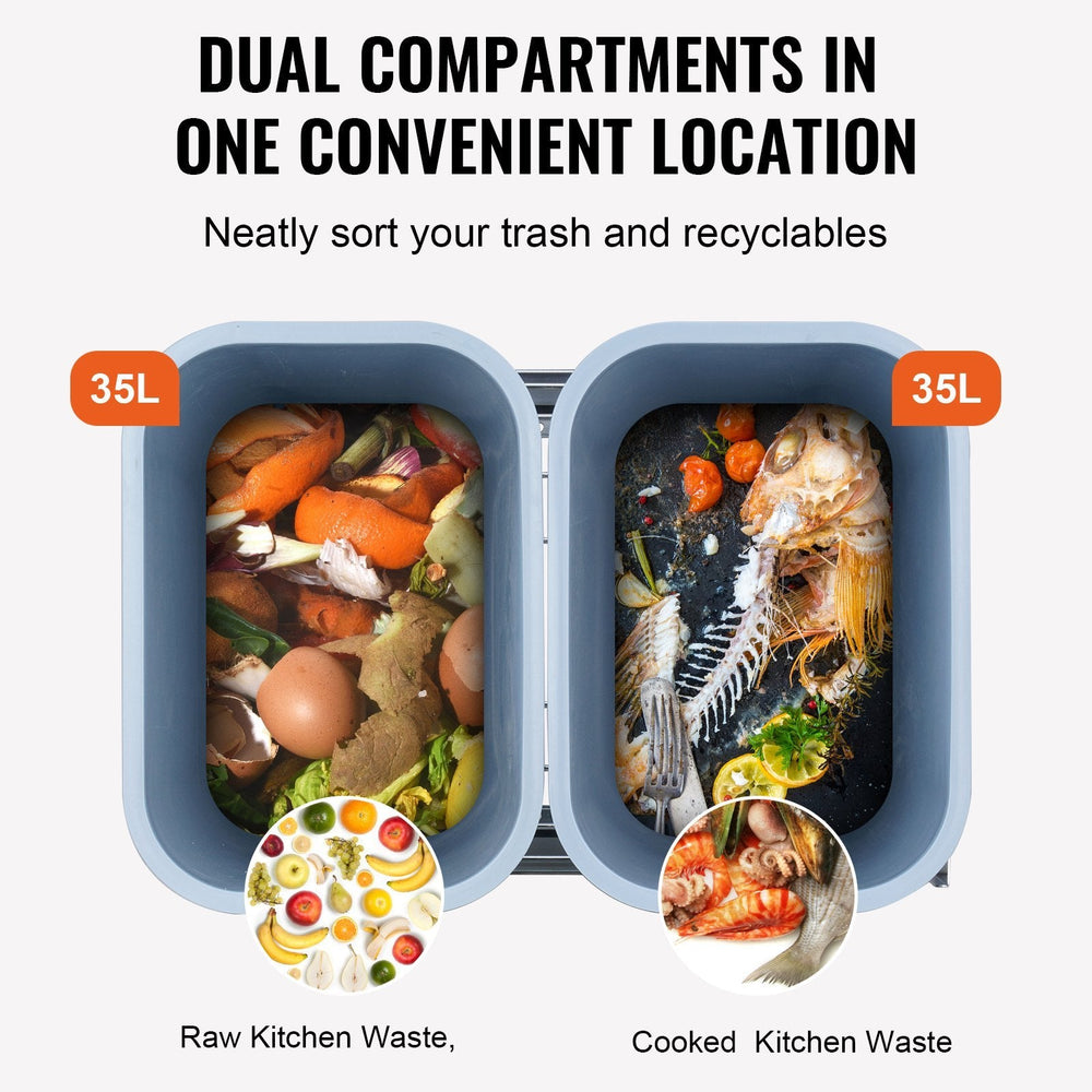Pull-Out Trash Can, 35Lx2 Double Bins, Under Mount Kitchen Waste Container With Slide And Door Mounting Kit, 110 Lbs Load Capacity Heavy Duty Garbage Recycling Bin For Kitchen Cabinet, Sink EX-STOCK
