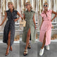 Women's Casual Sleeveless Lace-up Long Dresses Fashion Pockets Solid Party Office Elegant Lapel Single Breasted Denim Dress Summer  EX-STOCK CANADA