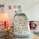 Grey Korean Kawaii Cat School Backpack – Embroidered Nylon Bag, 5 Colours