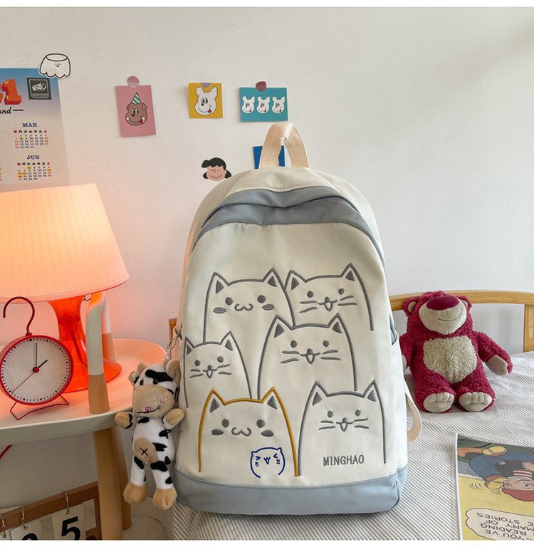 Grey Korean Kawaii Cat School Backpack – Embroidered Nylon Bag, 5 Colours