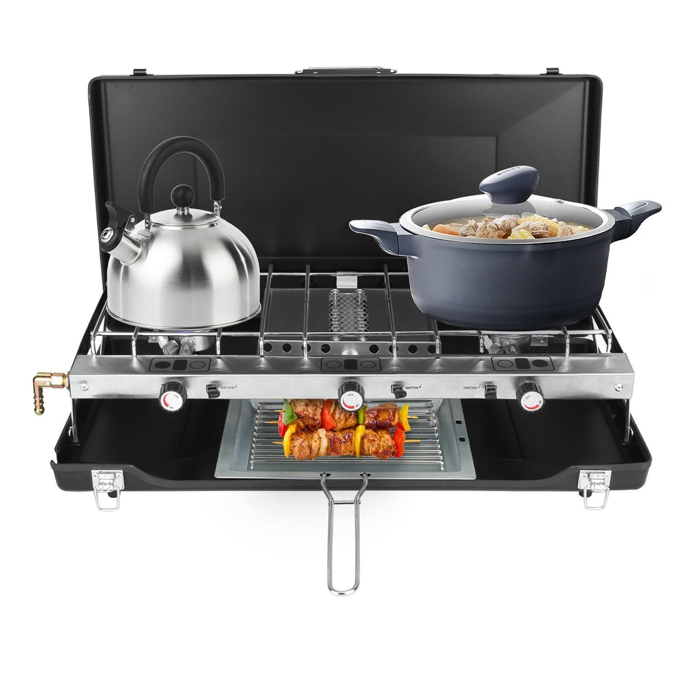 3 Burner Camping Stove 20000 BTU Portable Foldable Propane Stove With Toast Tray Windshield Portable Handle Outdoor Cooking Gas Stove For RV Camping BBQ Picnic EX-STOCK