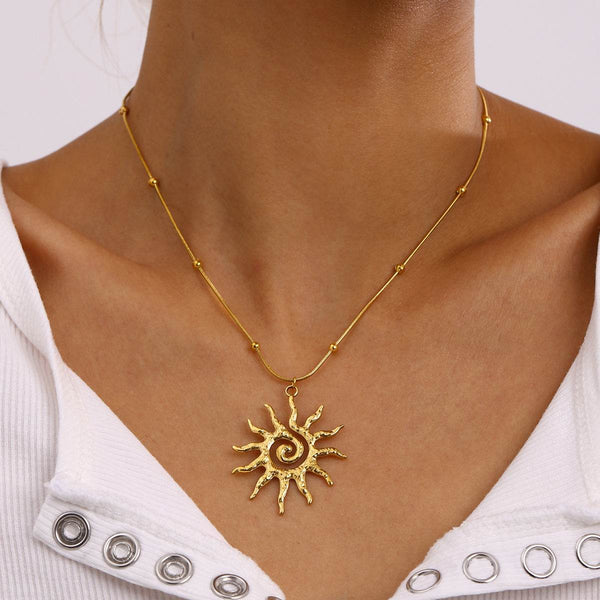 Stainless Steel Necklace - Hammered Spiral Sun Pendant Necklace