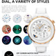 Watch with various dial designs and text explaining off-screen watch face feature.