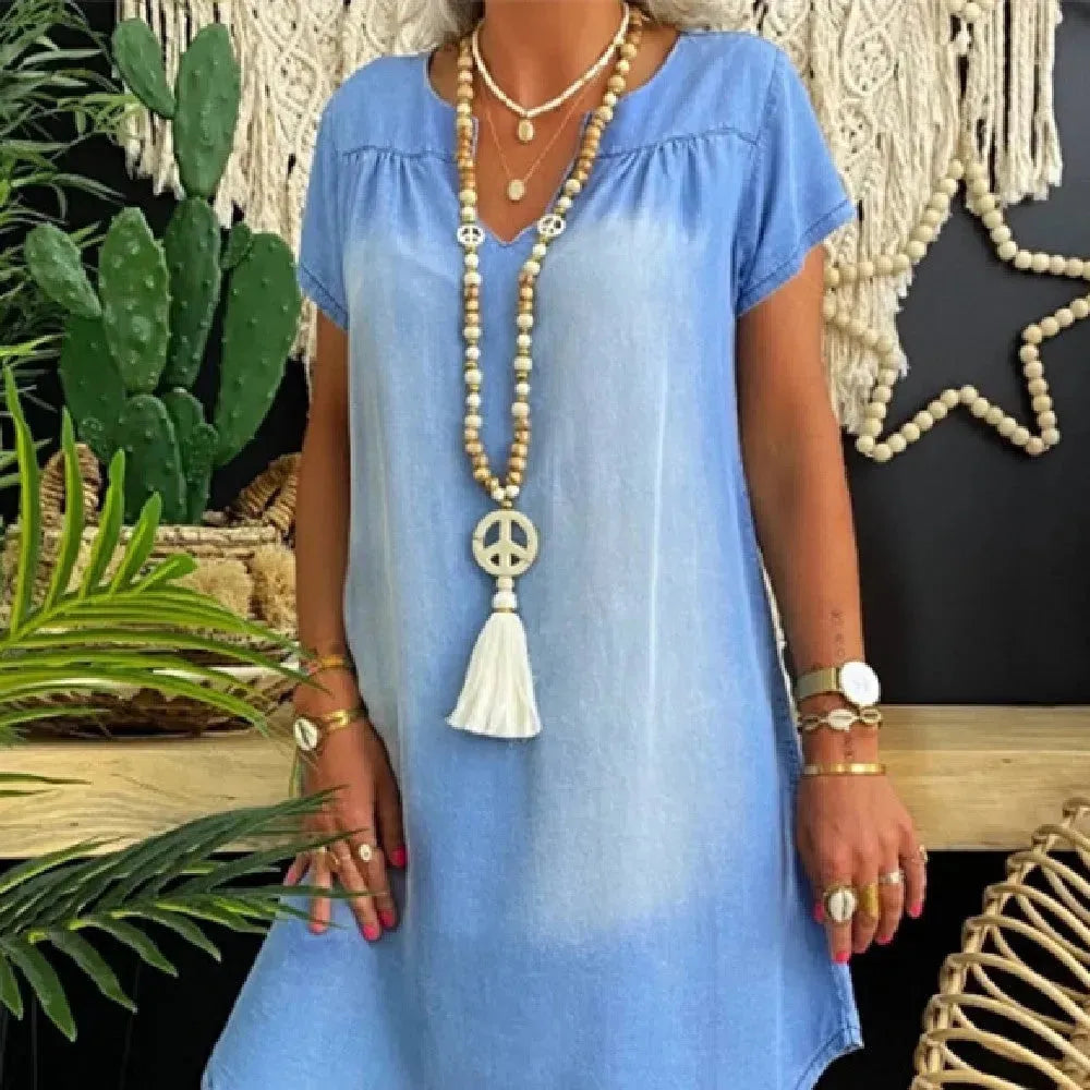 Round Neck Pleated Loose Solid Color Casual Plus Size Denim Dress - EX-STOCK CANADA