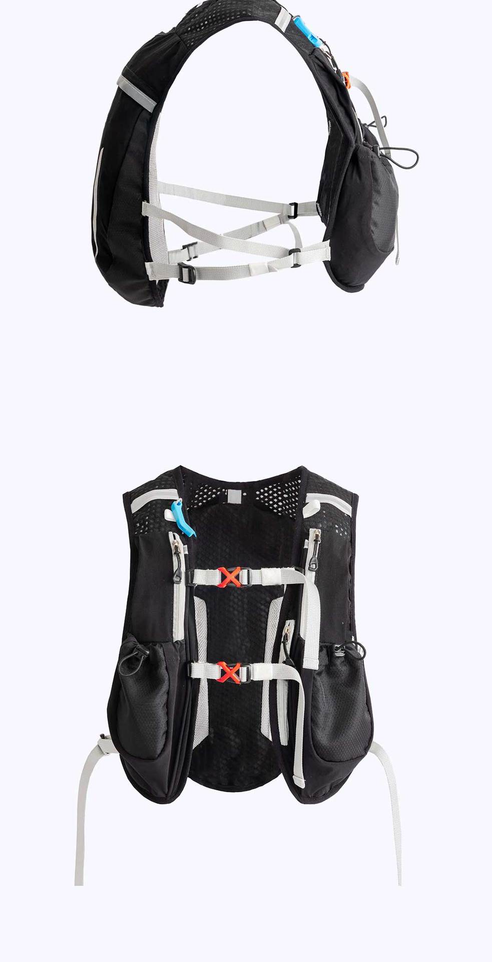 Black hydration backpacking vest shown from two angles (front and back) on a plain white background.