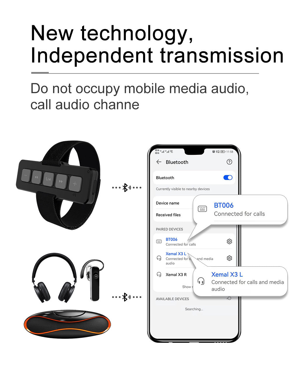 Wireless earbud system with smartphone app interface on a white background
