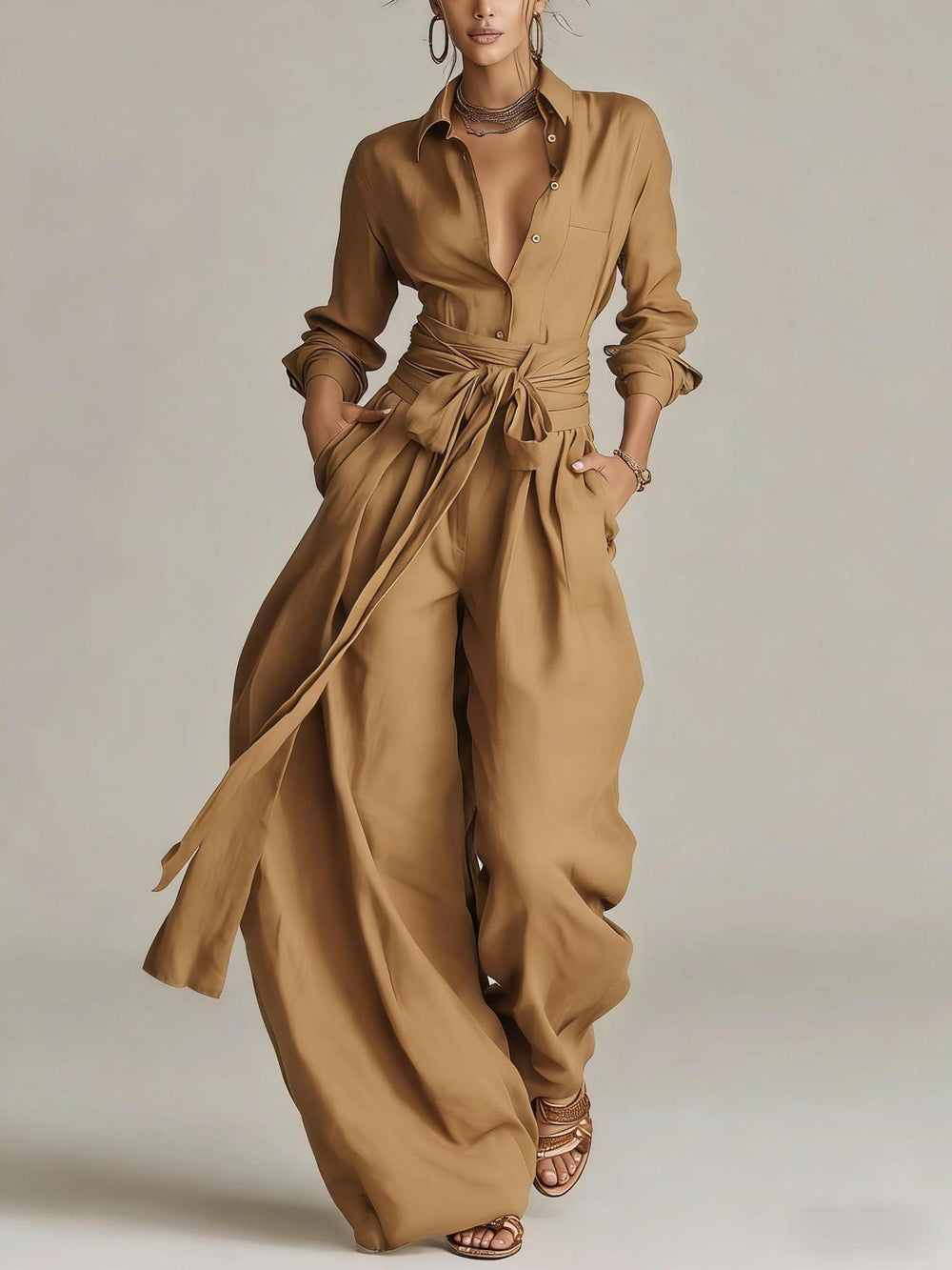 Long-sleeve linen-blend two-piece outfit for women