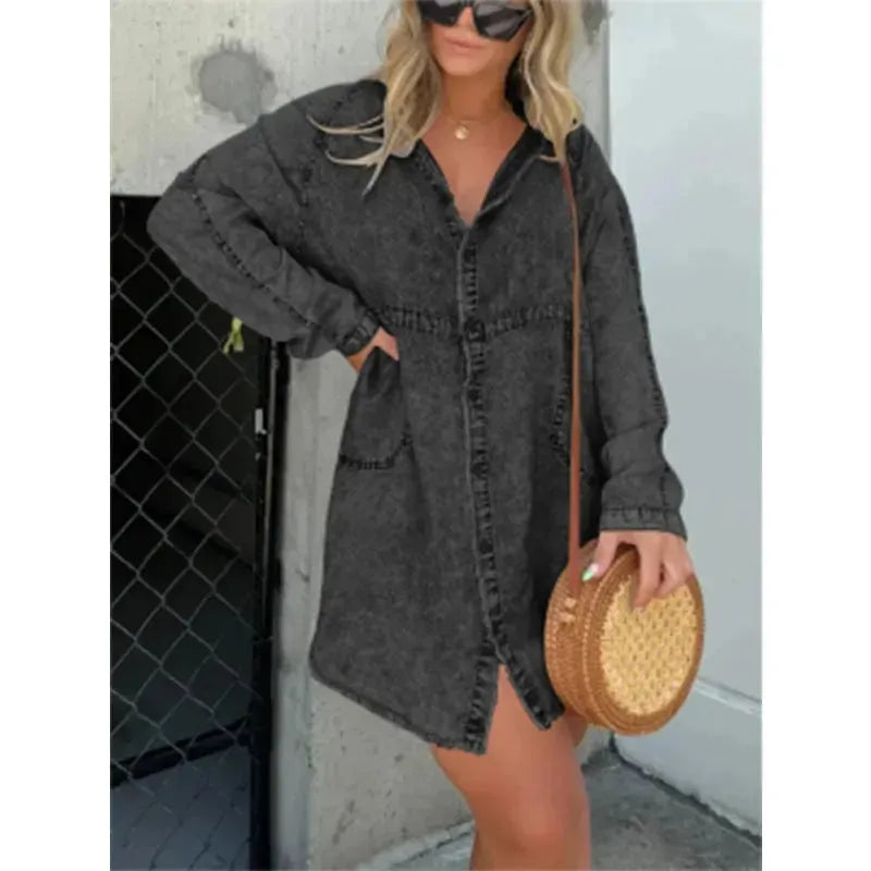 Women's Denim Washed Loose Shirt Dress - EX-STOCK CANADA