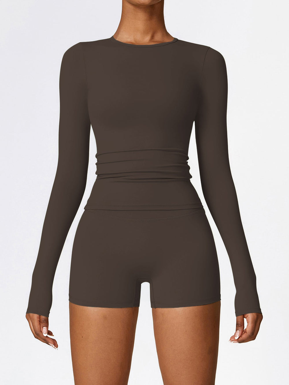 Women's Four Seasons Sports Suit, Women's Long Sleeve Round Neck Sports T-shirt And High Waist Tight Shorts Yoga Suit. EX-STOCK