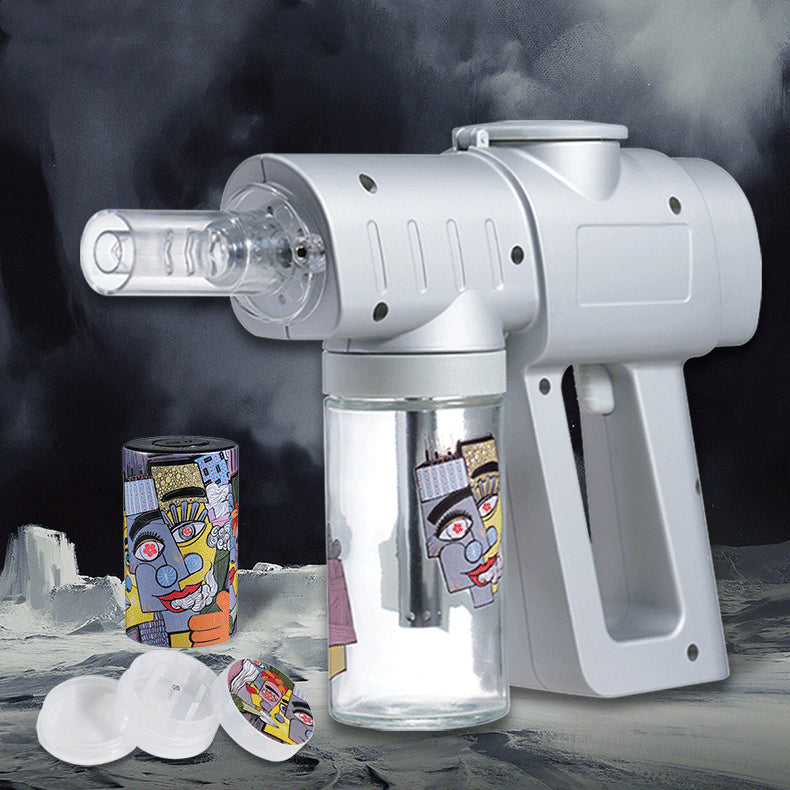 White handheld device with colorful canisters on a dark background