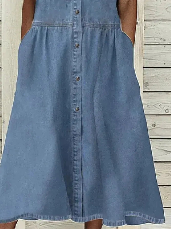 Women's European And American Lapel Casual loose button down Midi Denim jeans Mum Dress - EX-STOCK CANADA