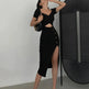 Slim And Hollow Niche Design High Slit Bag Hip Midi dress - EX-STOCK CANADA