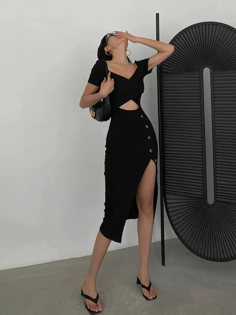 Slim And Hollow Niche Design High Slit Bag Hip Midi dress - EX-STOCK CANADA