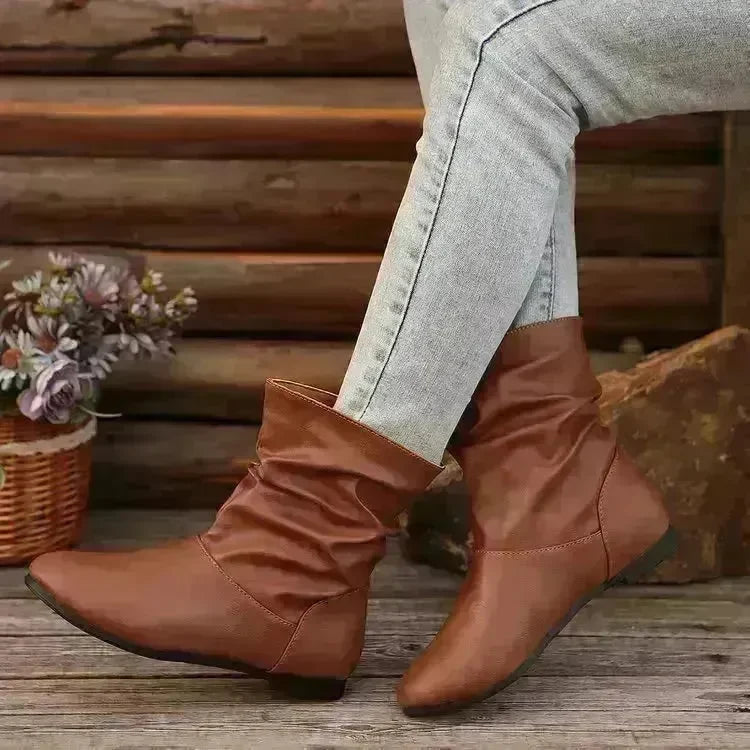 Fashion Round-toed Flat Boots Versatile Simple Slip-on Western Cowboy Boot Casual Short Shoes For Women - EX-STOCK CANADA