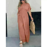 Fashion Bat-sleeved V-neck Slit Dress Summer Beach Short Sleeve Elastic Waist Split Long Dresses Womens Clothing - EX-STOCK CANADA
