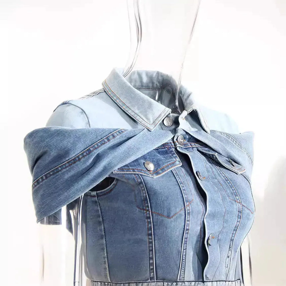Sweet Cool Bandage Dress Shirt Slimming Denim jeans Shirt women - EX-STOCK CANADA