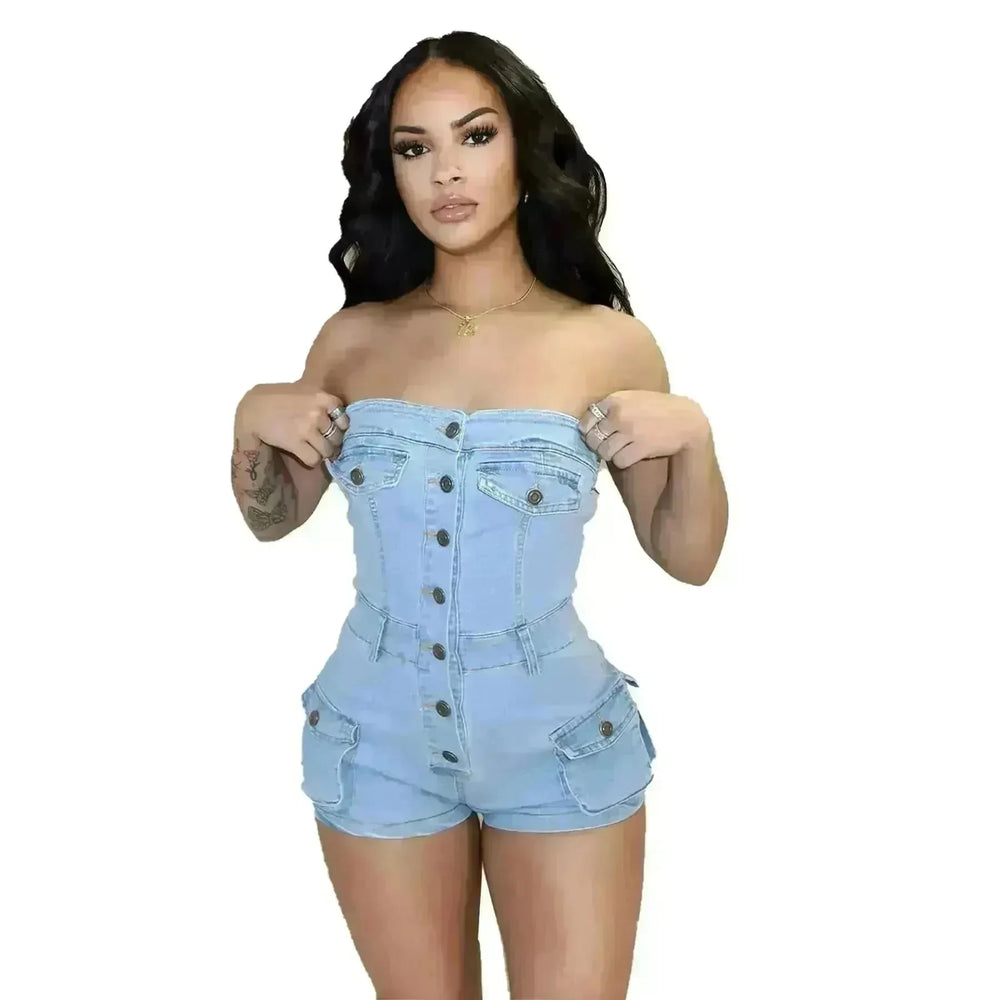 Strapless denim jumpsuit denim tube top jumpsuit  Denim short Jumpsuit women Denim Short Rompers jean romper shortsjean jumpsuit shorts - EX-STOCK CANADA
