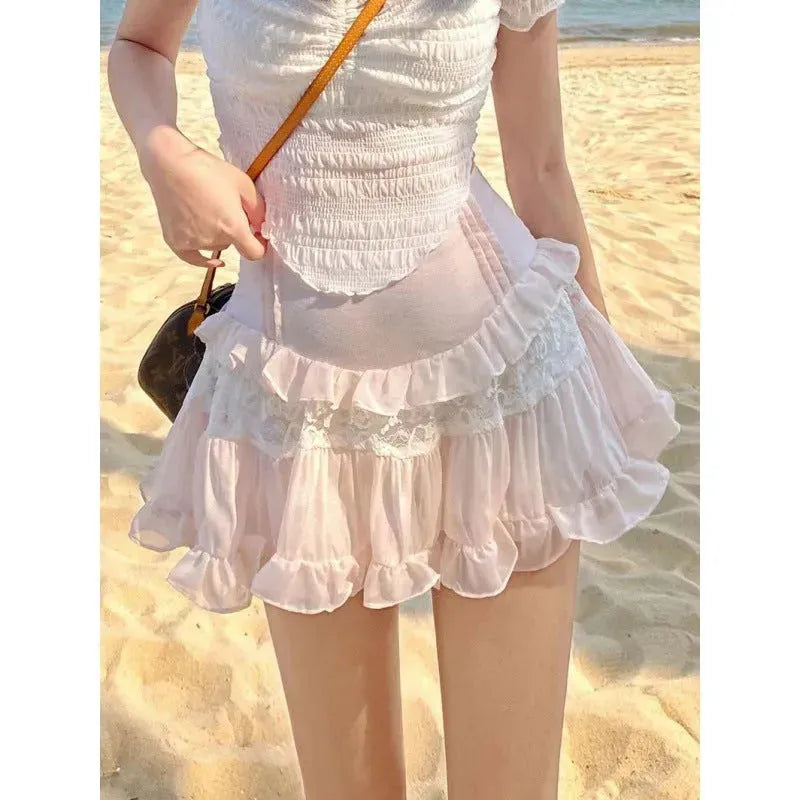 Sweet Girl Lolita High Waist Slimming Flounce Chiffon layered Mini Lace Skirt - EX-STOCK CANADA