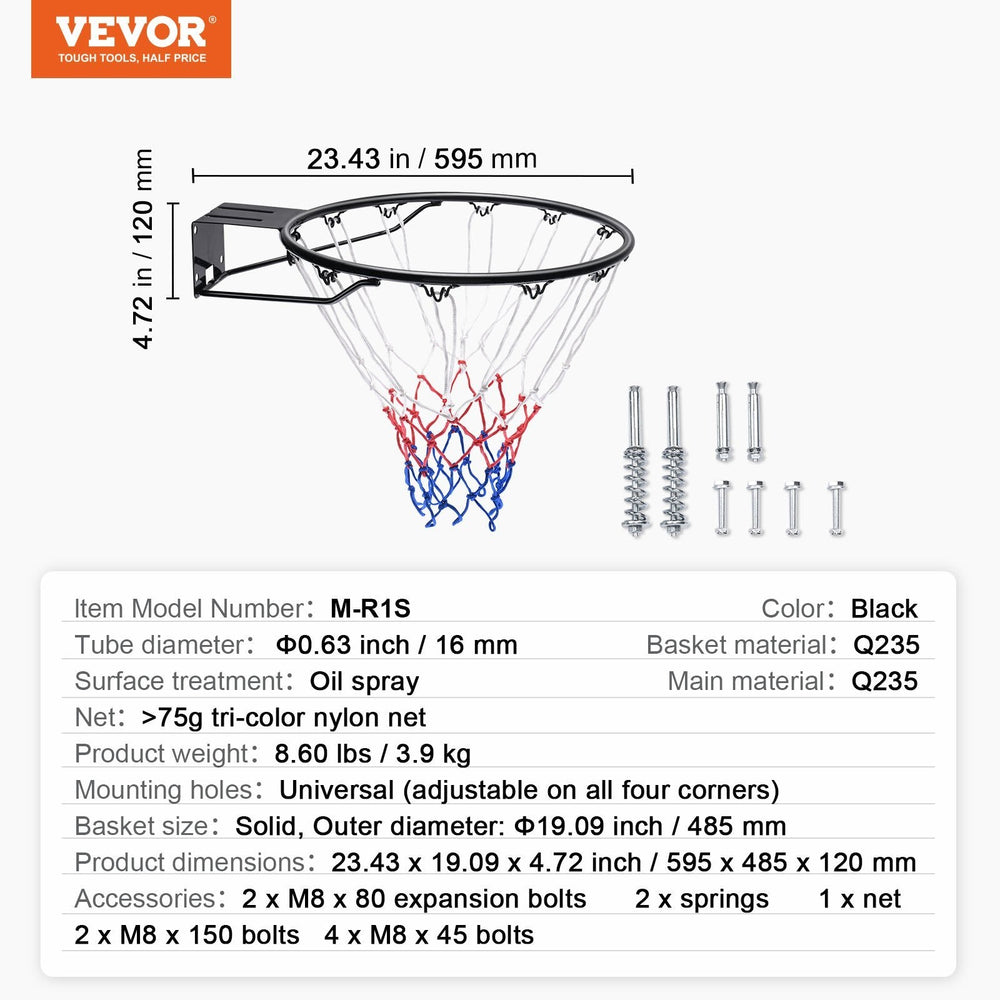 Basketball Rim, Wall Door Mounted Basketball Hoop, Heavy Duty Q235 Basketball Flex Rim Goal Replacement With Net And Double Spring, Standard 18 Indoor Outdoor Hanging Hoop For Kids Adults EX-STOCK