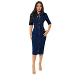Women's Fashion Personality fitted Denim Hip-wrapped Jeans Midi straight cut front split Dress - EX-STOCK CANADA