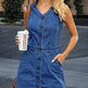 Women’s Fashion Trend Sleeveless Dress, V-neck Design - Button Detail Frayed Hem Denim Skirt 
