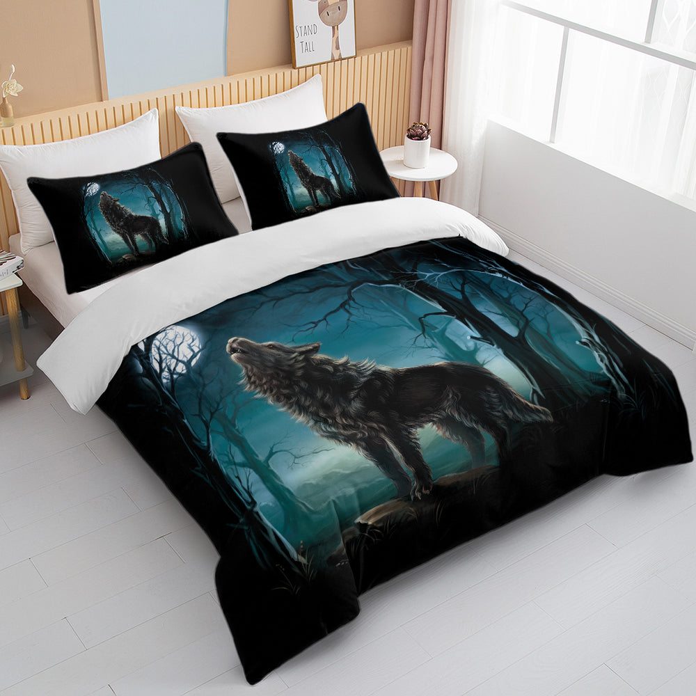 Moon Wolf Bedding Green Watercolor Forest Wolf Landscape Duvet Cover Sets 3 Pieces Wild Animal Bedding Set Twin Full Queen King Size EX-STOCK Canada 